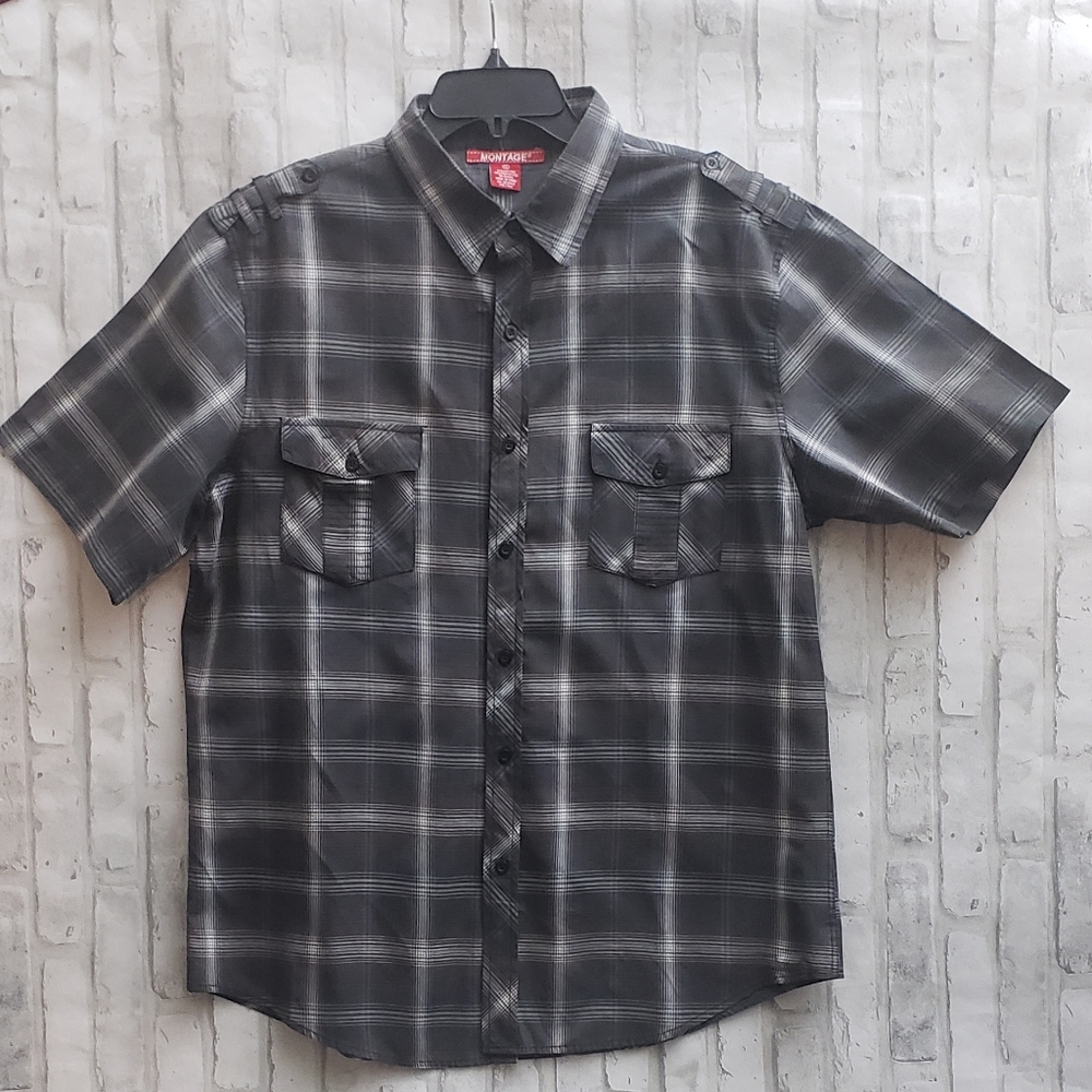 Montage Button -Down Short-sleeve Gray and White Plaid Men's Shirt